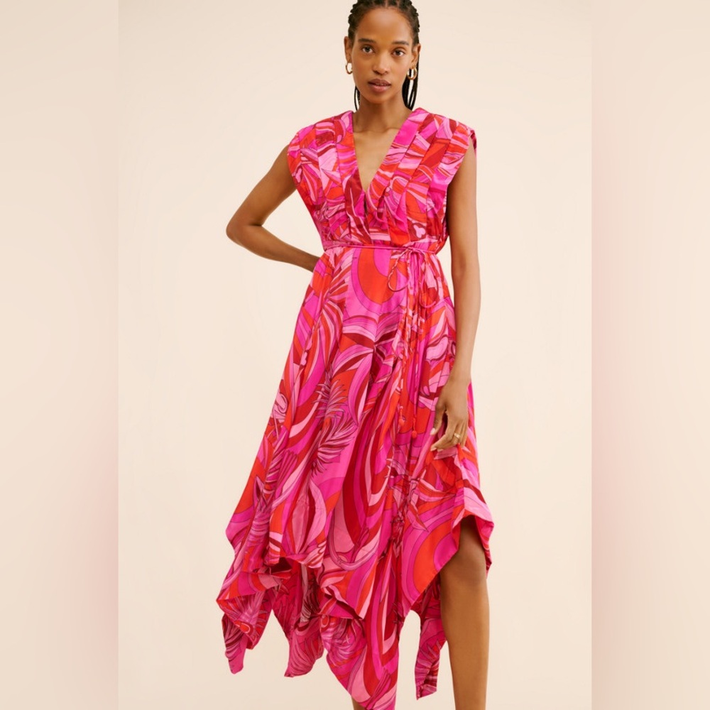 FARM Rio Pink and Red Pleated Asymmetrical Sundress